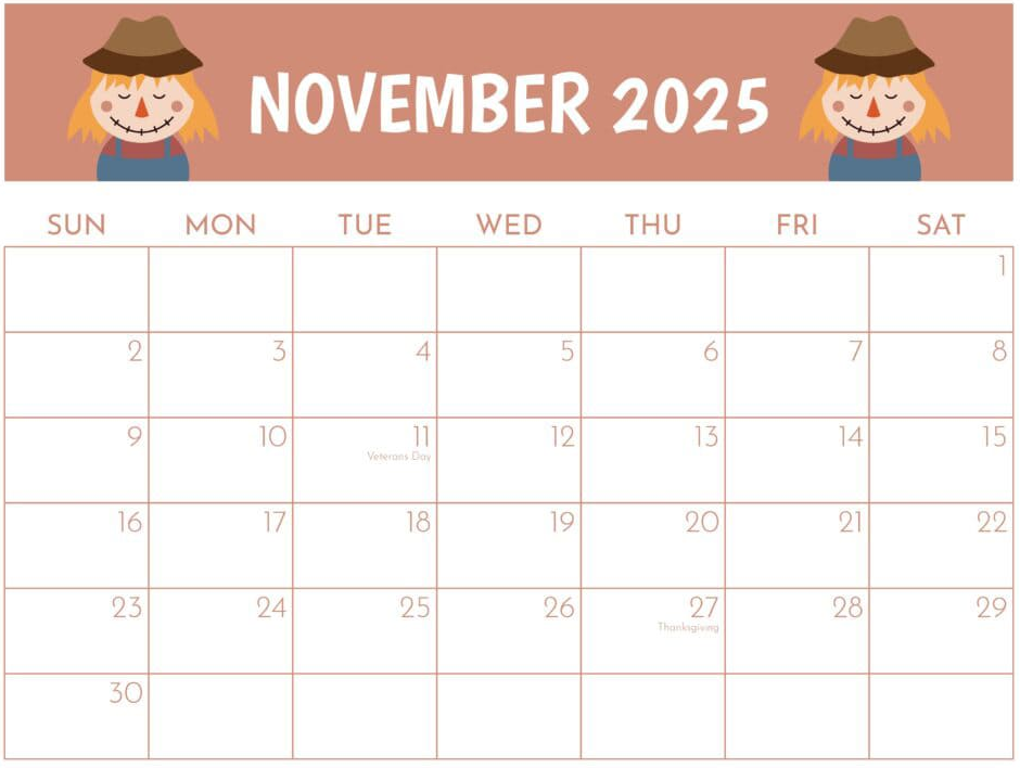 Minimalist November 2025 calendar in digital and printable formats