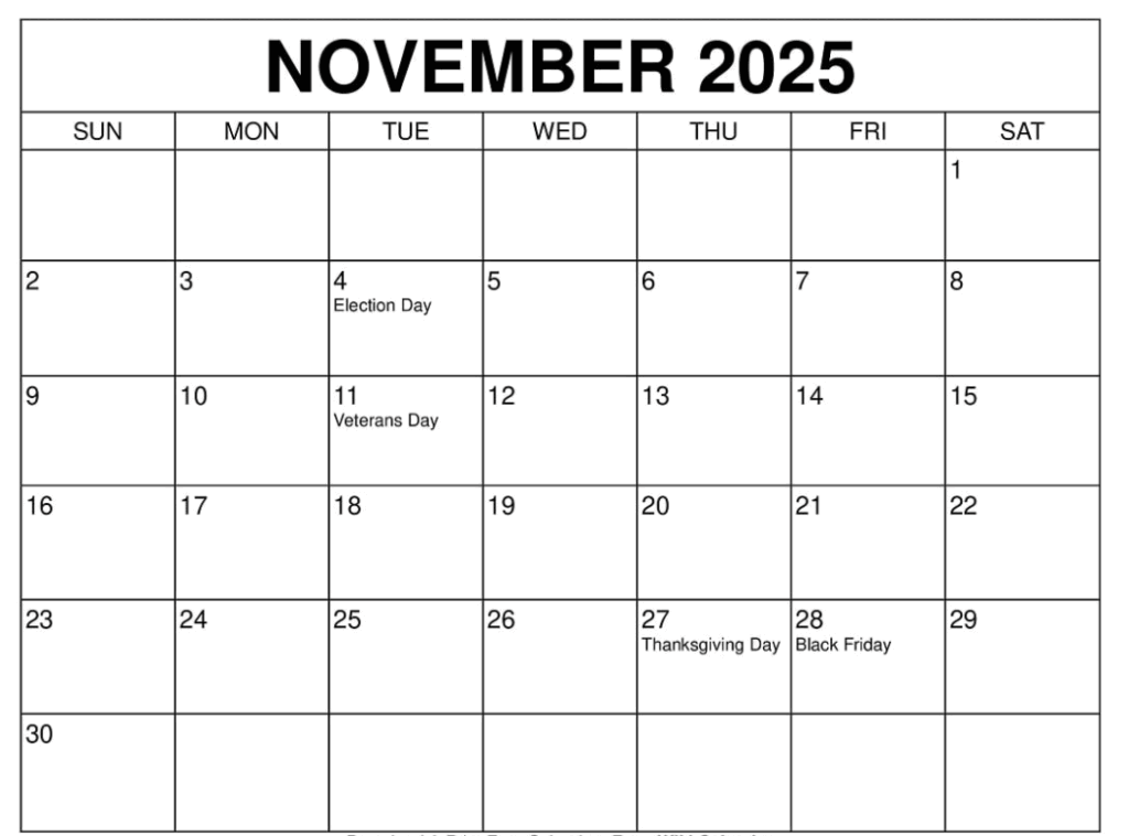 November 2025 calendar with U.S. holidays in printable format