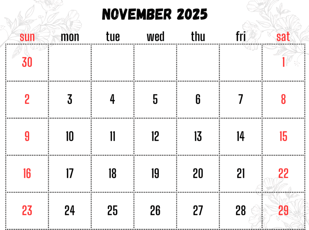 November 2025 minimalist calendar in landscape design November 2025 minimalist calendar in landscape design