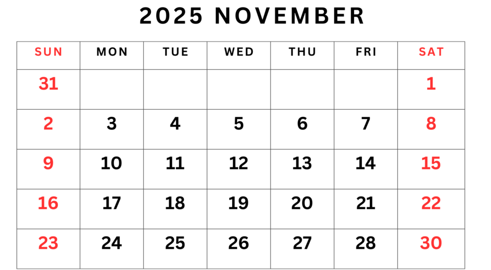 Printable November 2025 calendar with U.S. holidays in landscape layout