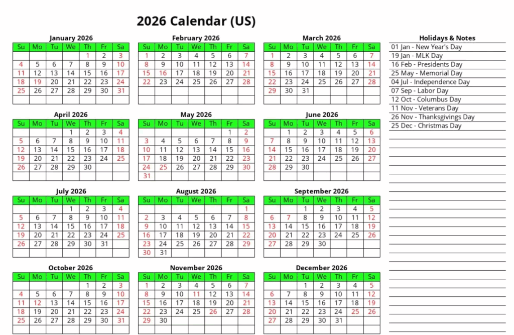 2026 Holiday Calendar Daily Planning
