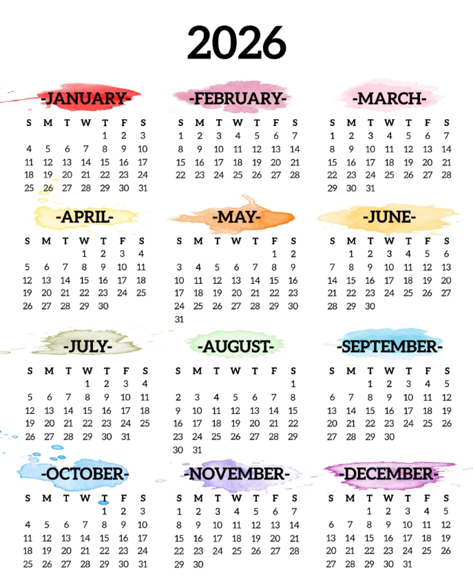 Colorful 2026 calendar template inspired by Mayan, Roman, and Chinese designs