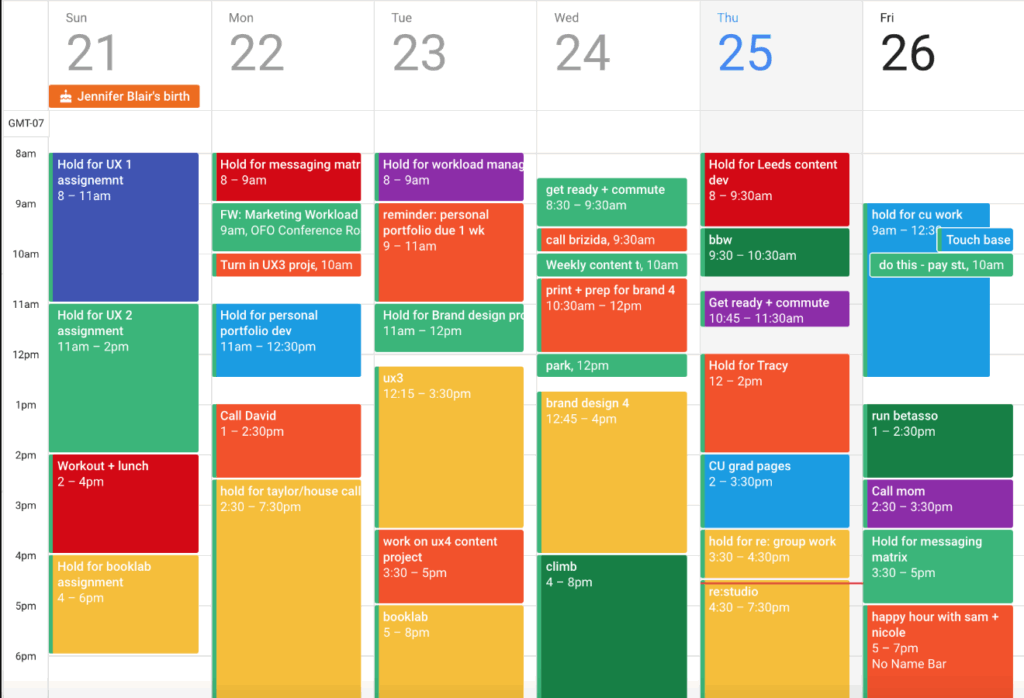 Digital calendar view showing color coded time blocks