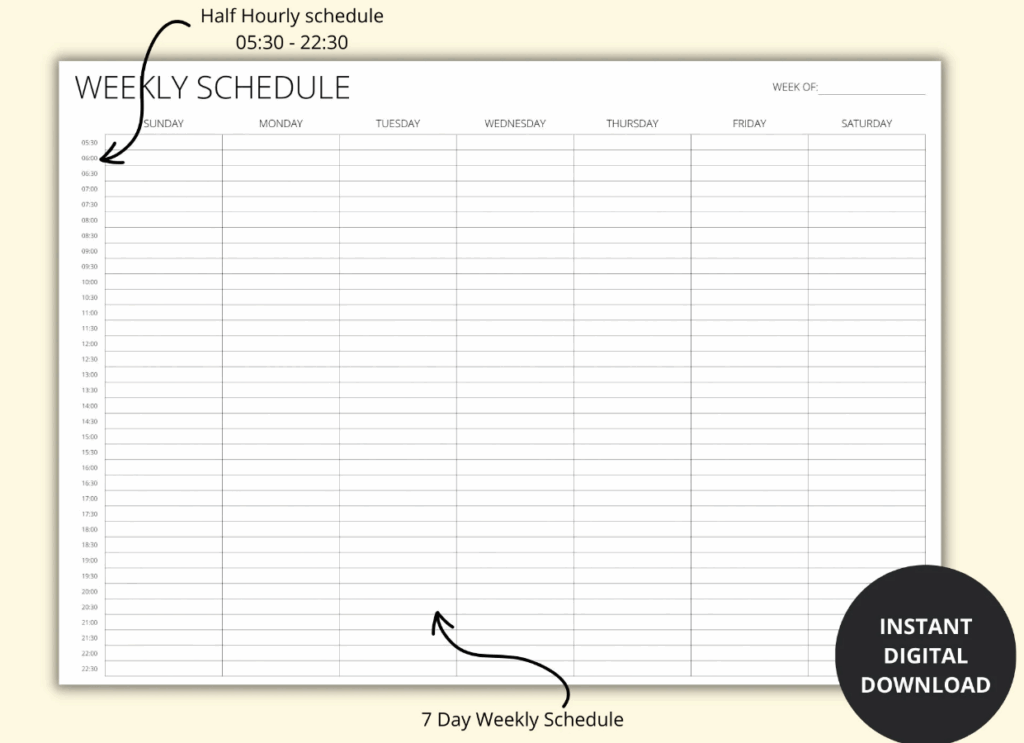 Horizontal weekly time blocker printable calendar template