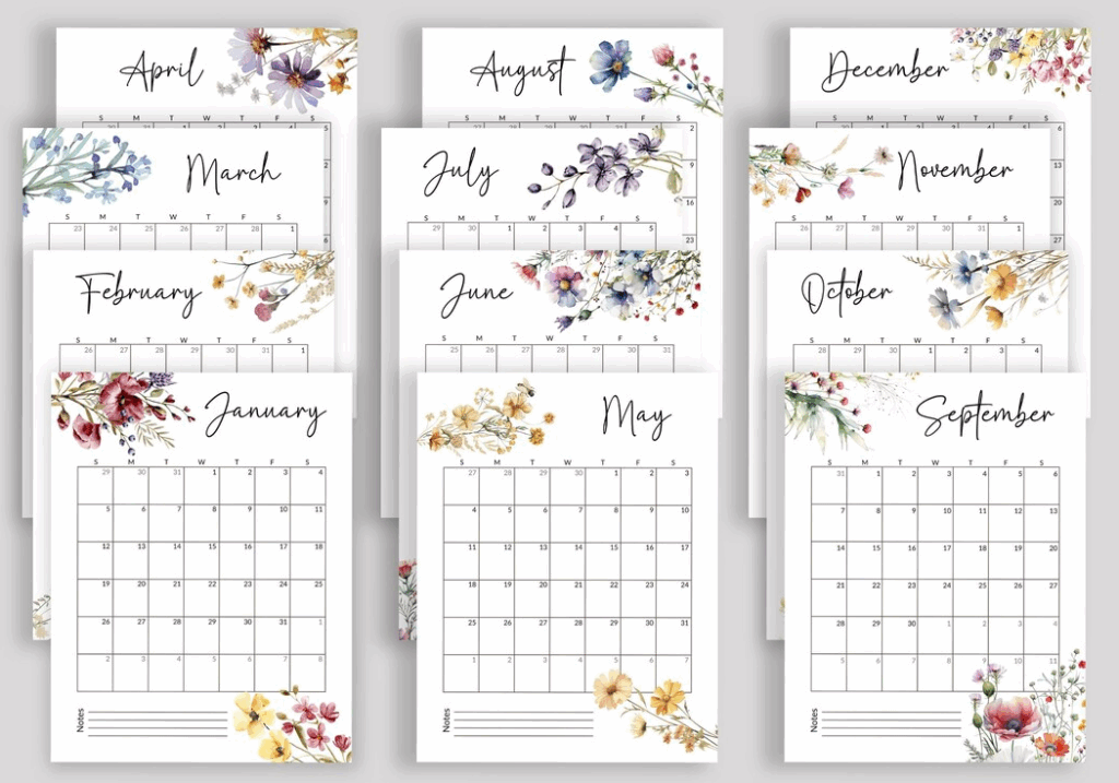 Minimalist watercolor floral printable calendar