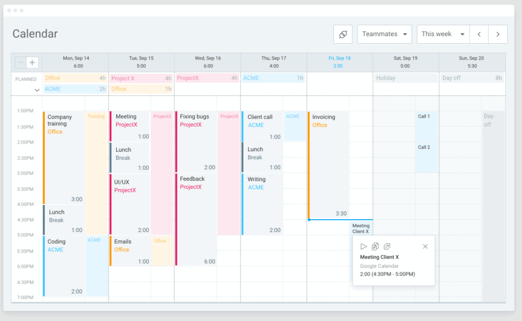 Modular digital calendar showing time blocking interface