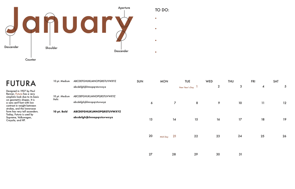 Oversized typographic monthly calendar header design