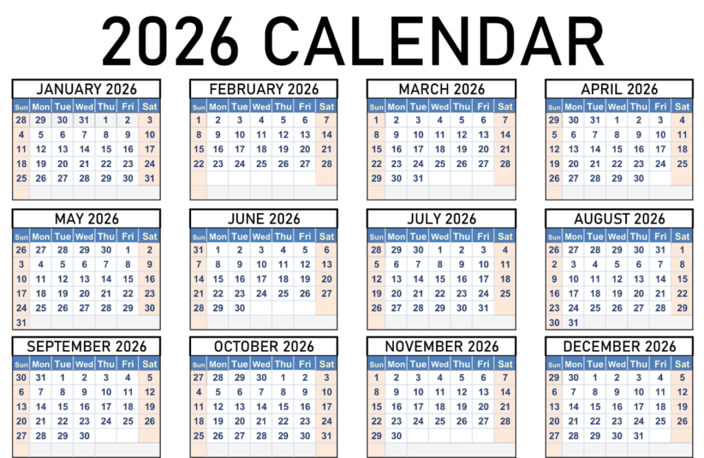 Printable 2026 historical calendar showing world traditions and key events