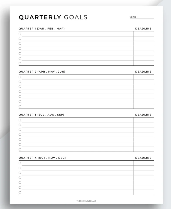 Printable spreadsheet template for quarterly goal tracker