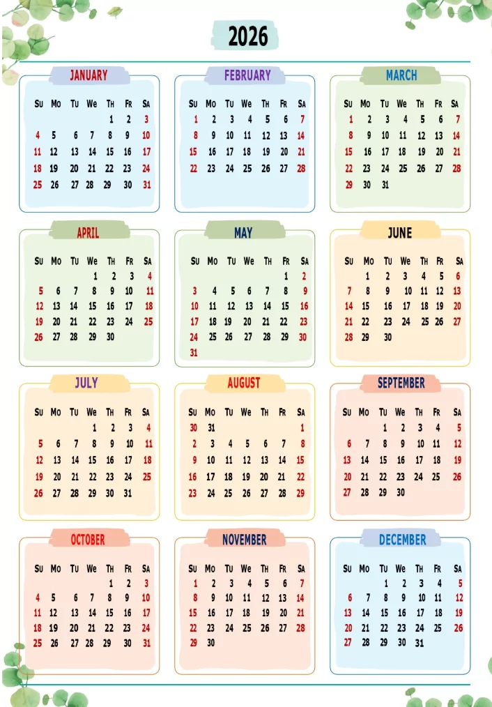 2026 one page year at a glance calendar cute pastel layout