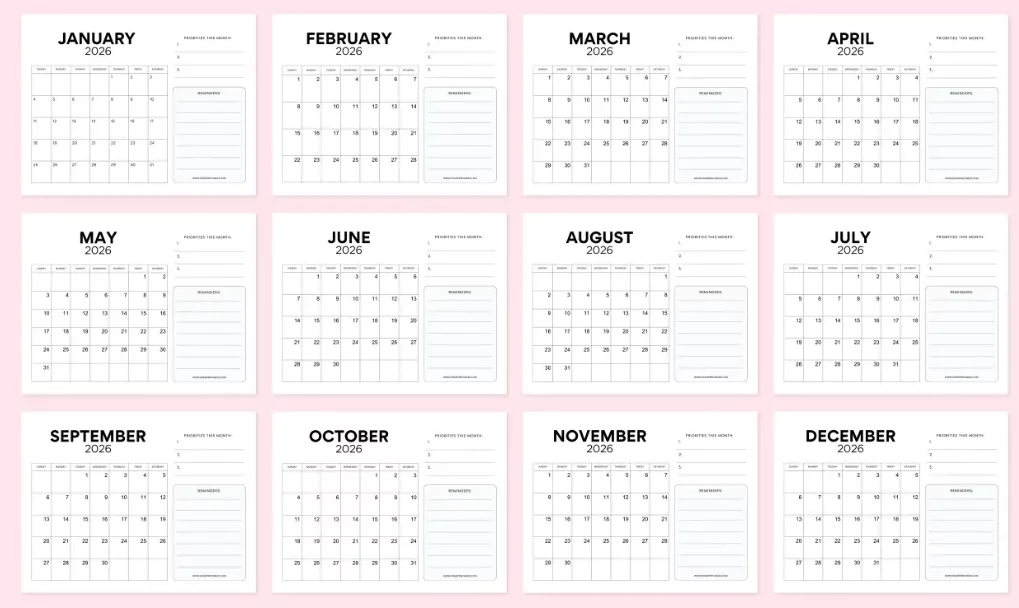 Printable 2026 monthly calendar template for home and office
