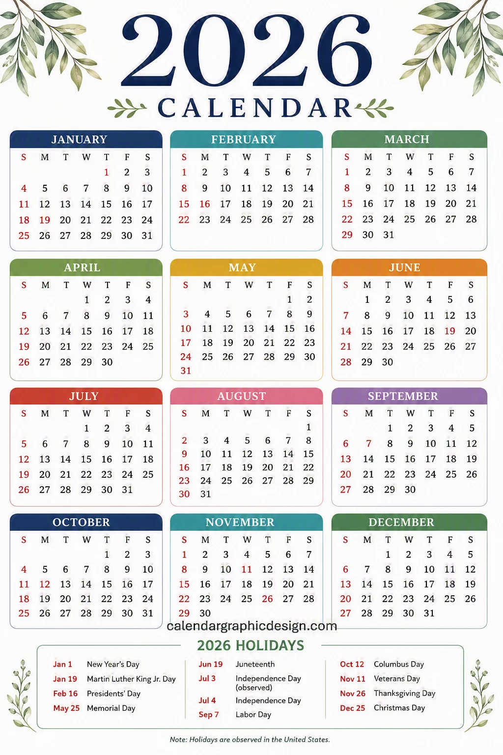 2026 holiday calendar printable planner for home and office