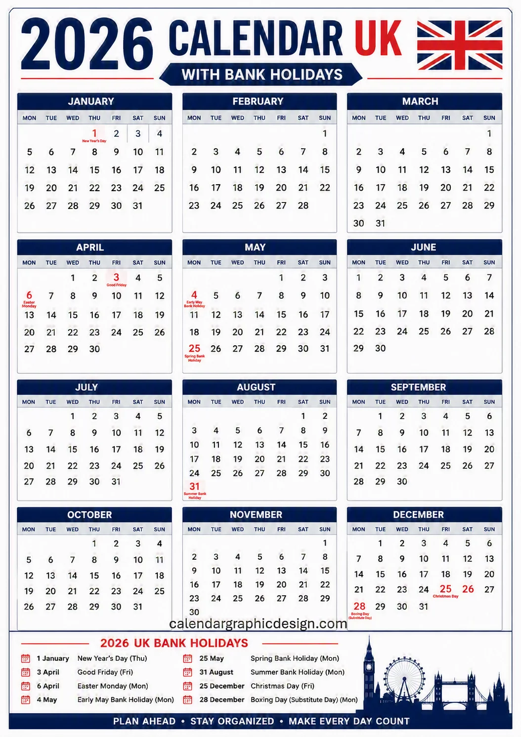 free printable 2026 calendar uk with bank holidays one Page