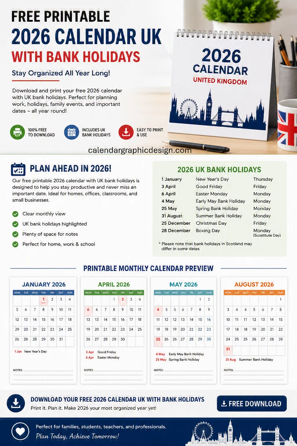free printable 2026 calendar uk with bank holidays