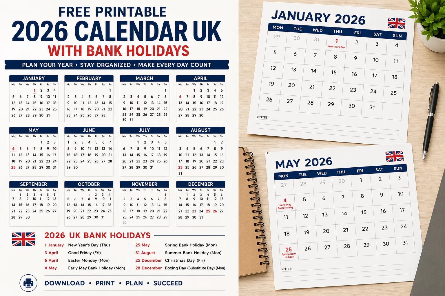 free printable 2026 monthly calendar uk with bank holidays