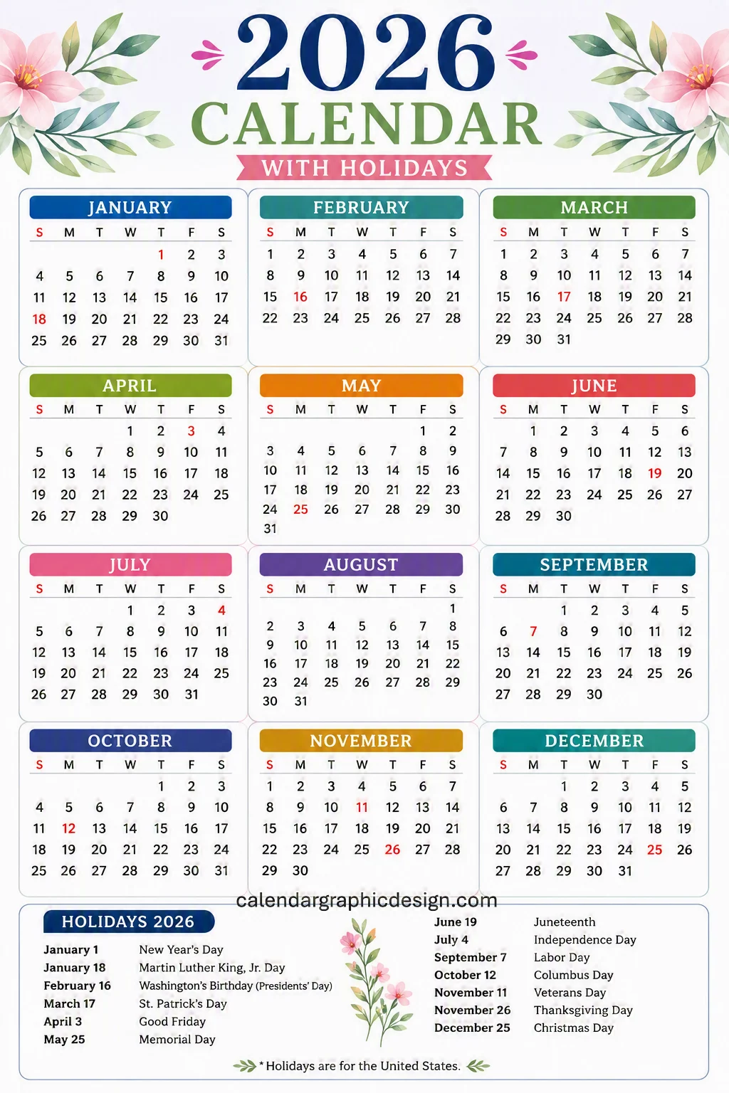 free yearly 2026 calendar PDF for printing