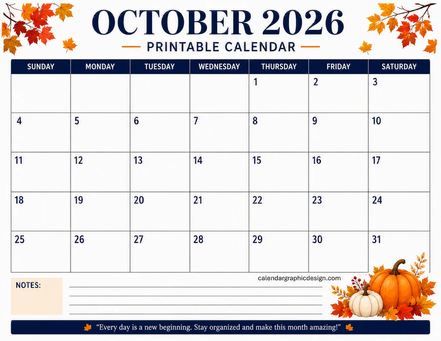 october 2026 calendar with holidays printable free