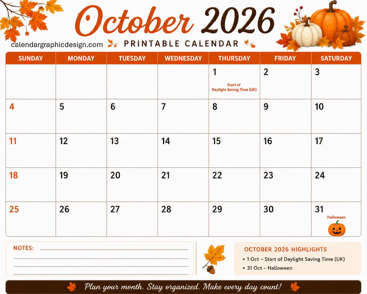october 2026 printable calendar